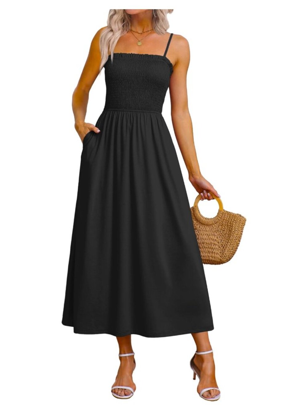 Women's Spaghetti Strap Maxi Dress Smocked Pockets Flowy Long Sundress